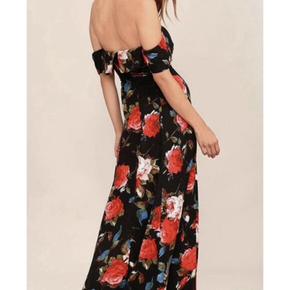 Lulus Black Red Floral Off The Shoulder Maxi Dress Zipper Small Size - Picture 2 of 10